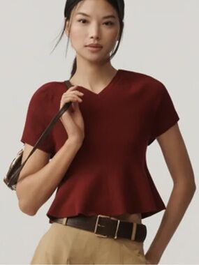 Maeve Short Sleeve High Hourglass Ruffle Sweater Peplum Knit Top Small